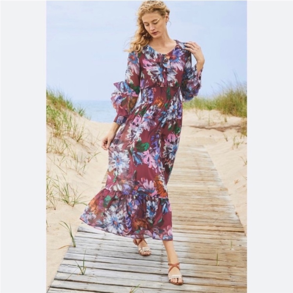 Soft Surroundings fiore rosa purple floral chiffon ruffle maxi dress L